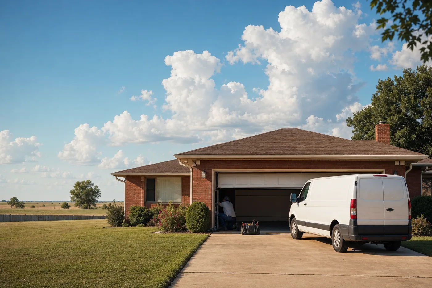 Garage door technician working at a brick ranch home in Ponca City, Oklahoma
