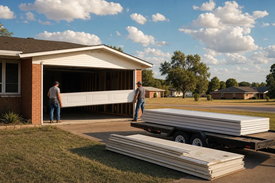 Installers setting a new garage door section into the tracks