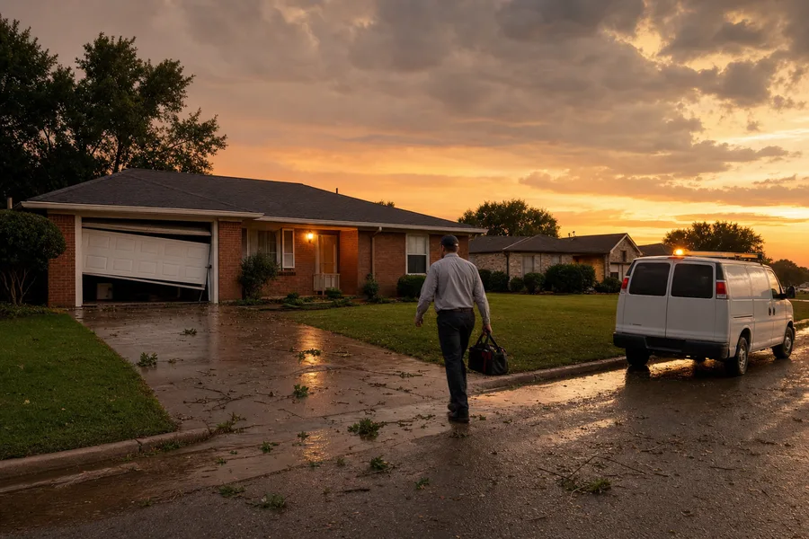 Off-track garage door after an evening storm
