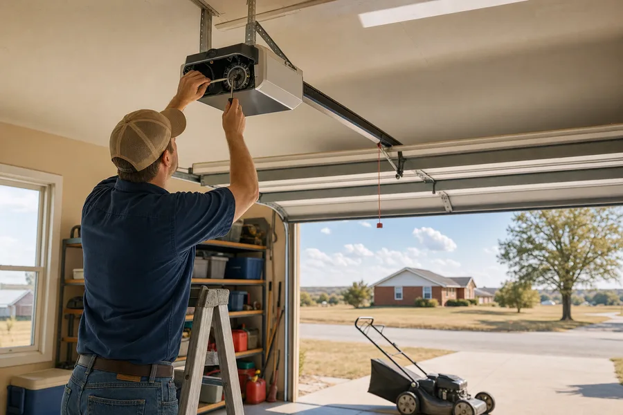 Technician servicing a ceiling-mounted garage door opener