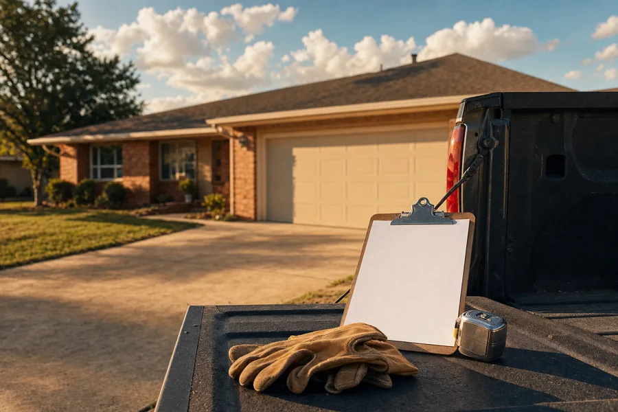 Written estimate clipboard and tape measure on a truck tailgate